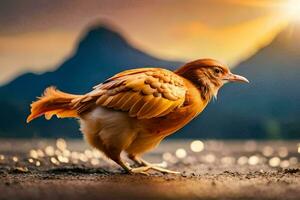 een vogel is wandelen Aan de grond met de zon in de achtergrond. ai-gegenereerd foto