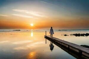 een vrouw staand Aan een dok Bij zonsondergang. ai-gegenereerd foto