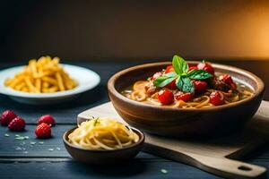 spaghetti met tomaat saus en basilicum bladeren in een houten schaal. ai-gegenereerd foto