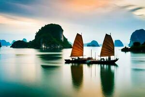 twee boten in de water met bergen in de achtergrond. ai-gegenereerd foto