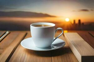 een kop van koffie Aan een houten tafel met een visie van de stad. ai-gegenereerd foto