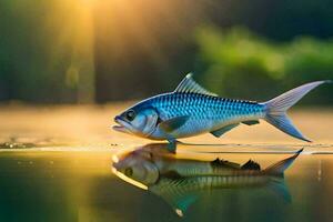 een vis is staand Aan de water met de zon schijnt. ai-gegenereerd foto