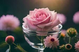 roze rozen in een glas vaas met bloemen. ai-gegenereerd foto