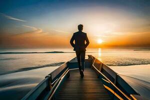 een Mens in een pak wandelingen Aan een dok Bij zonsondergang. ai-gegenereerd foto