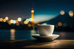 een kop van koffie Aan een tafel in voorkant van een stad Bij nacht. ai-gegenereerd foto