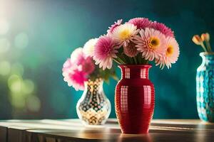 drie vazen met kleurrijk bloemen Aan een tafel. ai-gegenereerd foto