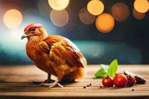 een kip is staand Aan een houten tafel met tomaten en specerijen. ai-gegenereerd foto