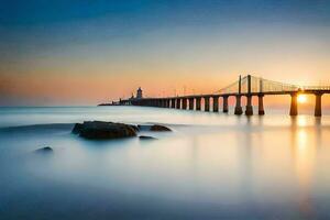 een lang blootstelling fotograaf van een brug over- de oceaan. ai-gegenereerd foto