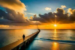 een Mens wandelingen langs een pier Bij zonsondergang. ai-gegenereerd foto