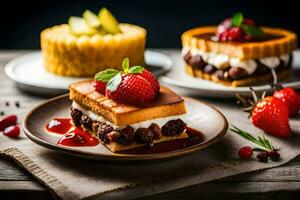 drie desserts Aan een bord met aardbeien en room. ai-gegenereerd foto