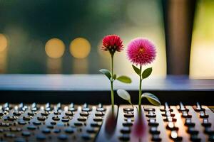 twee bloemen zitten Aan top van een menging bord. ai-gegenereerd foto