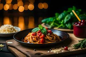 spaghetti met tomaat saus en basilicum bladeren Aan een houten bord. ai-gegenereerd foto