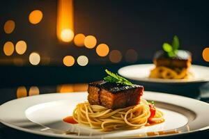 twee borden met spaghetti en vlees Aan hen. ai-gegenereerd foto