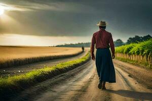 een Mens in een hoed wandelingen naar beneden een aarde weg. ai-gegenereerd foto