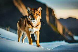 een hond staand Aan top van een besneeuwd berg. ai-gegenereerd foto