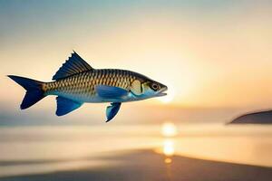 een vis is vliegend over- de oceaan Bij zonsondergang. ai-gegenereerd foto