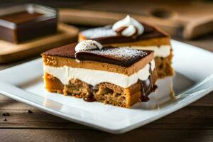 twee stukken van chocola taart Aan een wit bord. ai-gegenereerd foto