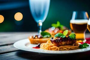 een bord van voedsel met spaghetti en wijn bril. ai-gegenereerd foto