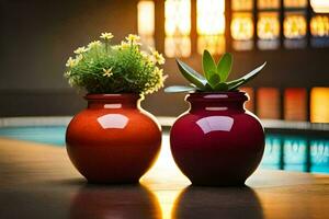 twee rood vazen met planten zittend Aan een tafel. ai-gegenereerd foto