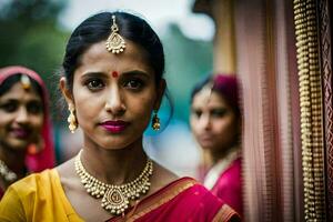 een vrouw in een sari poses voor de camera. ai-gegenereerd foto