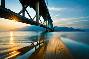 een brug over- de oceaan Bij zonsondergang. ai-gegenereerd foto