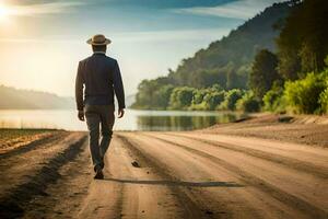 Mens wandelen Aan de weg door de meer. ai-gegenereerd foto