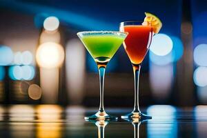 twee kleurrijk cocktails Aan een bar balie. ai-gegenereerd foto
