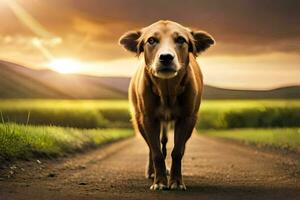 een hond wandelen Aan een weg Bij zonsondergang. ai-gegenereerd foto