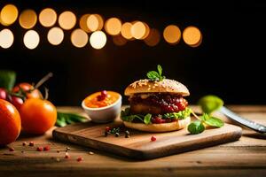 een Hamburger met tomaat, sla en ketchup Aan een houten snijdend bord. ai-gegenereerd foto