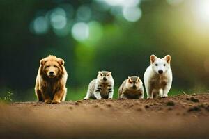 een groep van dieren wandelen Aan een aarde weg. ai-gegenereerd foto