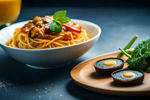 spaghetti met champignons en groenten in een schaal. ai-gegenereerd foto