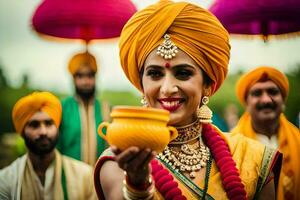 een vrouw in geel tulband Holding een geel pot. ai-gegenereerd foto