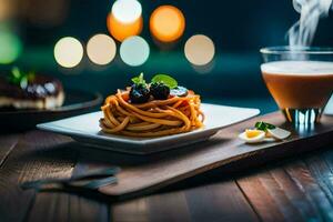 pasta met zwart olijven en een glas van koffie. ai-gegenereerd foto