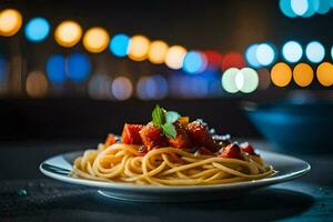 spaghetti met tomaat saus Aan een bord. ai-gegenereerd foto