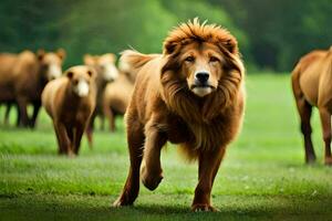 een leeuw wandelen in een veld- met andere dieren. ai-gegenereerd foto