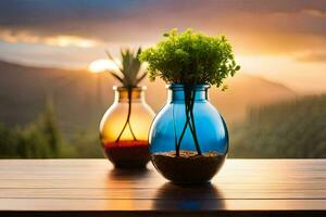 twee vazen met planten Aan een tafel in voorkant van een zonsondergang. ai-gegenereerd foto