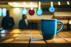 een blauw koffie kop zittend Aan een houten tafel. ai-gegenereerd foto