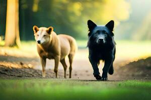 twee honden rennen in de bossen. ai-gegenereerd foto