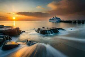 een reis schip in de oceaan Bij zonsondergang. ai-gegenereerd foto