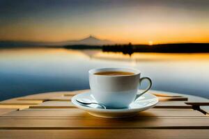 een kop van koffie Aan een houten tafel met een meer in de achtergrond. ai-gegenereerd foto