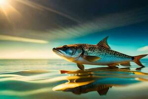 een vis is staand Aan de water met de zon in de achtergrond. ai-gegenereerd foto