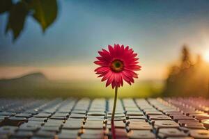 een single roze bloem zit Aan top van een toetsenbord. ai-gegenereerd foto