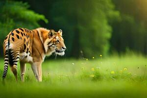 een tijger is wandelen door een met gras begroeid veld. ai-gegenereerd foto