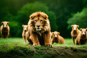 een leeuw is staand in de midden- van een groep van andere dieren. ai-gegenereerd foto