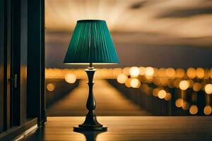 een lamp Aan een tafel in voorkant van een venster. ai-gegenereerd foto