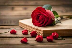 een rood roos is zittend Aan top van een Open boek. ai-gegenereerd foto