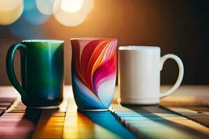 drie kleurrijk koffie mokken Aan een tafel. ai-gegenereerd foto