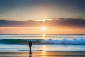 een Mens is staand Aan de strand met zijn surfboard Bij zonsondergang. ai-gegenereerd foto