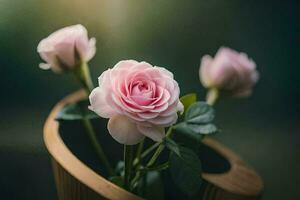 roze rozen in een houten vaas. ai-gegenereerd foto