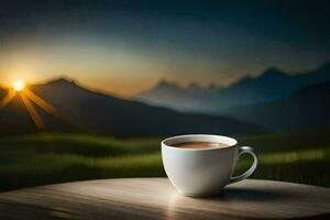 een kop van koffie Aan een tafel in voorkant van een berg visie. ai-gegenereerd foto